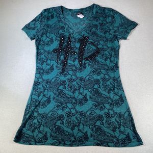 Harley Davidson Short Sleeve Shirt Jeweled Women’s Size Medium- AOP- Rapid City